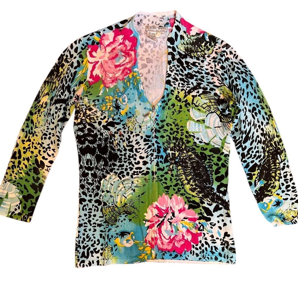 ALBERTO MAKALI Women's Zip Cardigan Sweater SMALL Sequins Beads Floral Animal